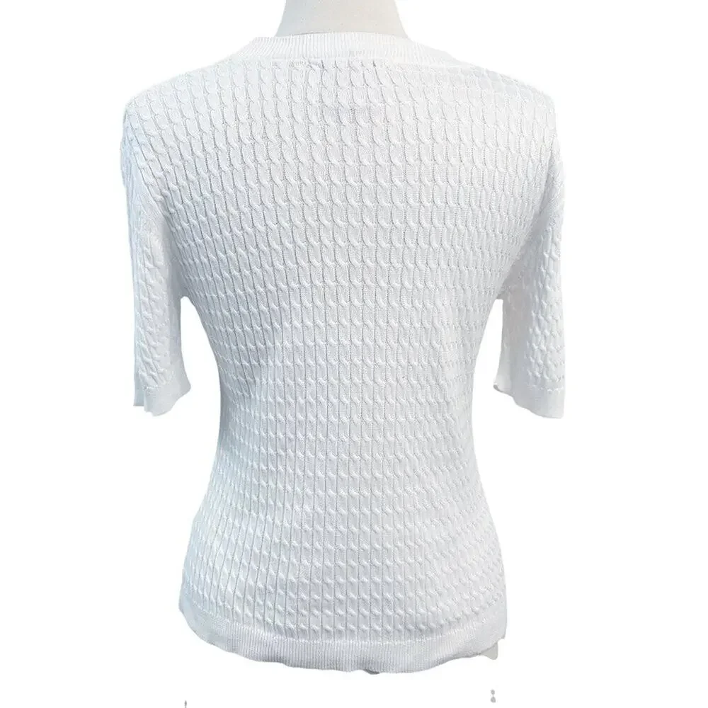 LAURA ASHLEY Vintage Short Sleeve White Cable Knit Cotton Sweater White Medium - Picture 5 of 14